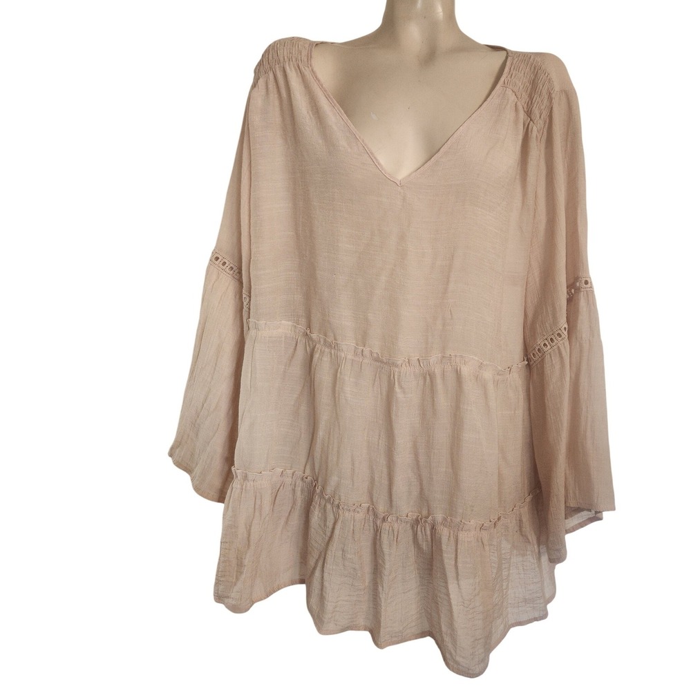 Indigo Thread Co Womens 2X Tiered Babydoll Tunic Top Bell Sleeve Boho Pink Beige